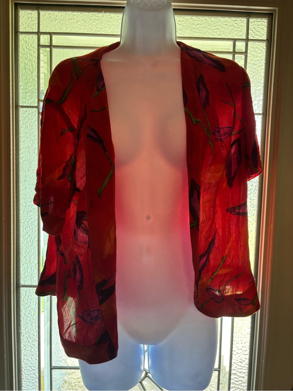 S.L. Fashions Red Floral Sheer Open-Front Jacket